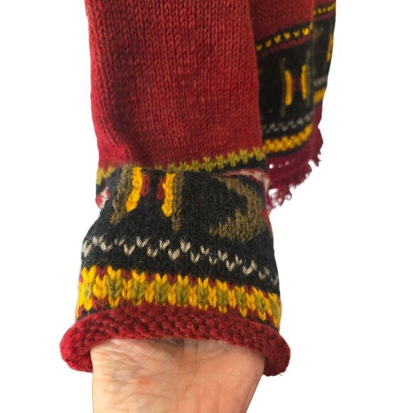 Hand Knit 80s/90s Boho Wool Sweater OverSz Uni M-XL Tribal Fringe Hem Brick Red - Picture 3 of 8
